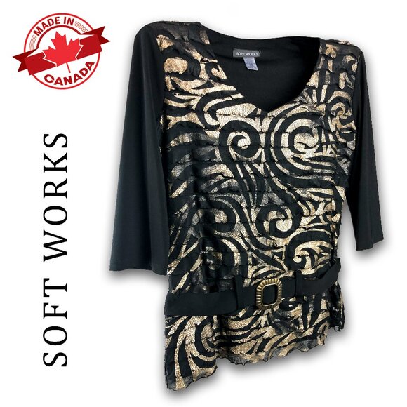 Made in Canada metallic gold & black swirl pattern layered 3/4 sleeve top  M - Picture 1 of 8